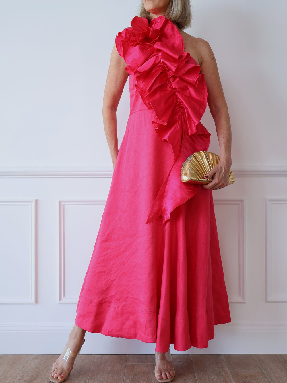 bright pink red one-shoulder Aje Adelia midi dress second hand preloved