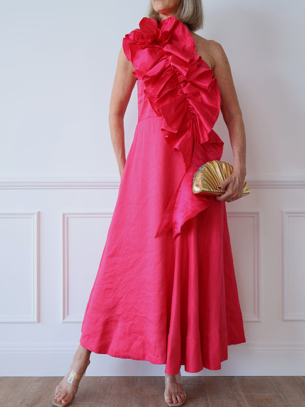 bright pink red one-shoulder Aje Adelia midi dress second hand preloved