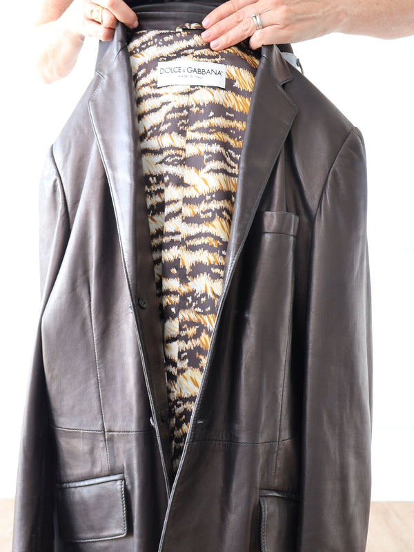 Dolce & Gabbana Leather Blazer Jacket Animal print lining