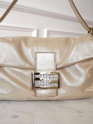 Fendi Rare Crystal Champagne Metallic Leather Baguette