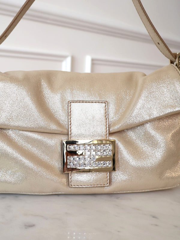 Fendi Rare Crystal Champagne Metallic Leather Baguette