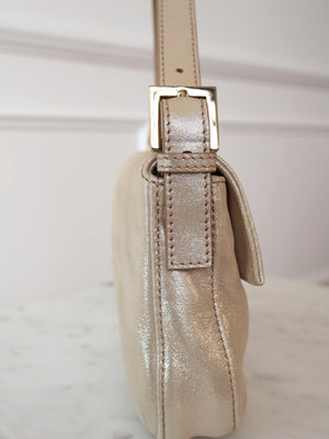 Fendi Rare Crystal Champagne Metallic Leather Baguette