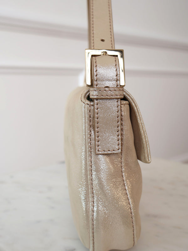 Fendi Rare Crystal Champagne Metallic Leather Baguette