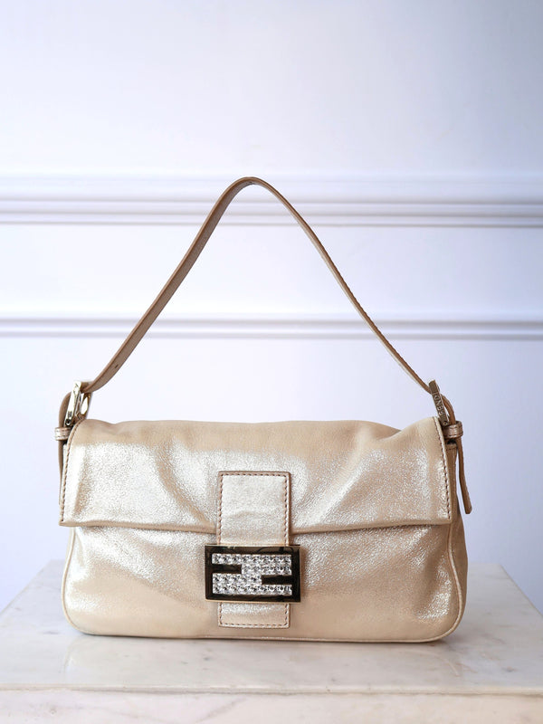 Fendi Rare Crystal Champagne Metallic Leather Baguette