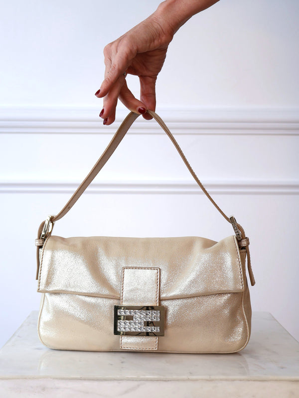 Fendi Rare Crystal Champagne Metallic Leather Baguette