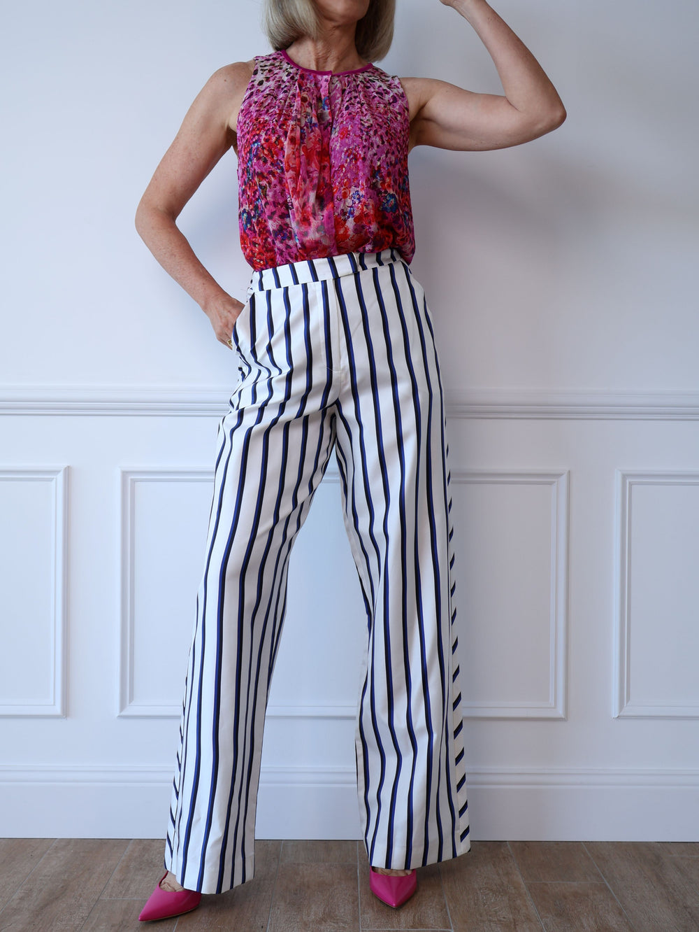 navy and white stripe silk high-waisted wide-leg trousers pants Nicholas The Label preloved second hand