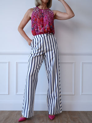 navy and white stripe silk high-waisted wide-leg trousers pants Nicholas The Label preloved second hand