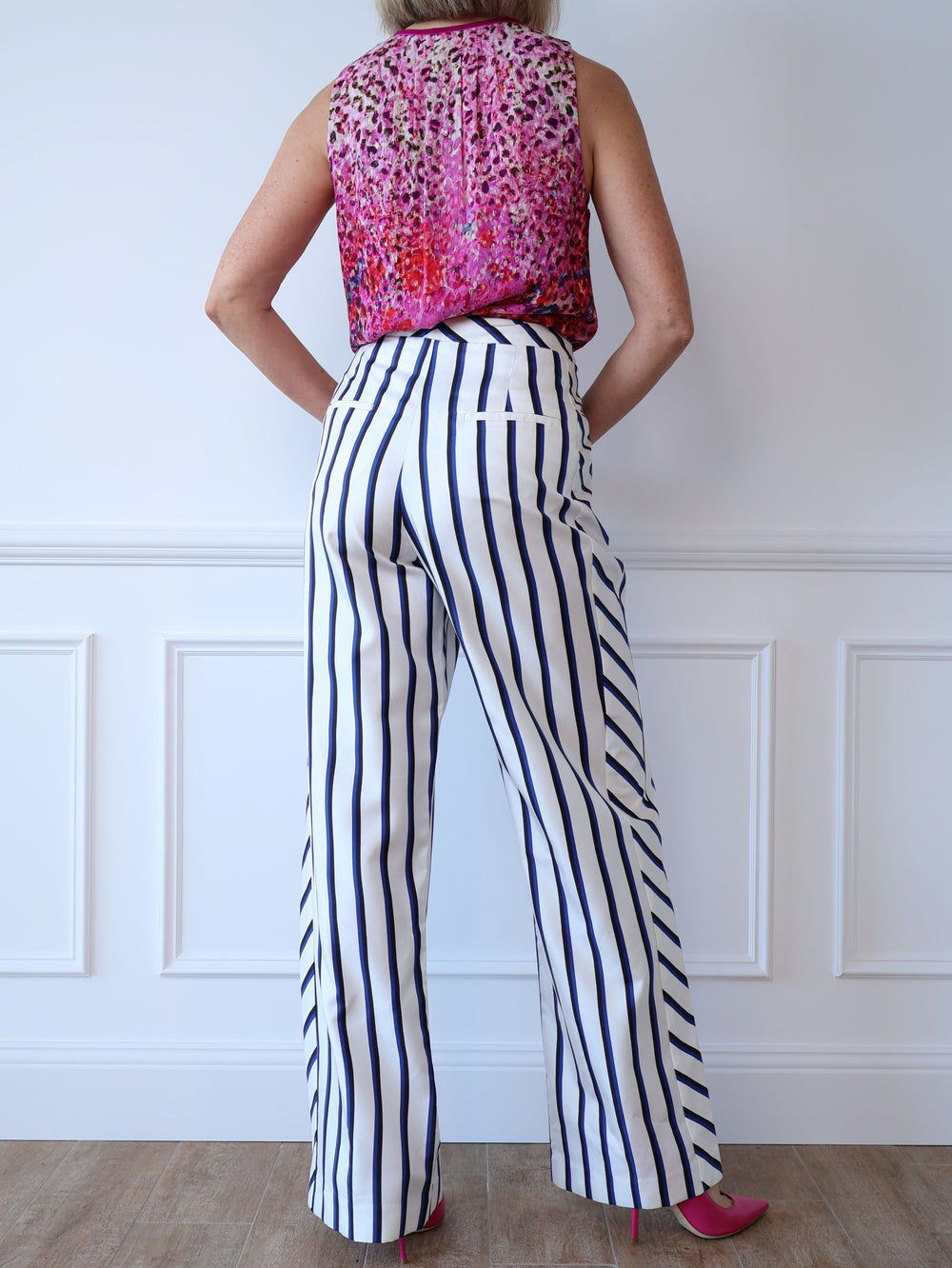 navy and white stripe silk high-waisted wide-leg trousers pants Nicholas The Label preloved second hand