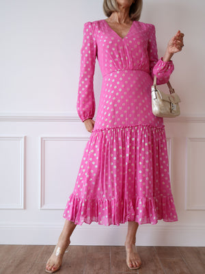  pink long-sleeve midi dress silk polkadot event dress