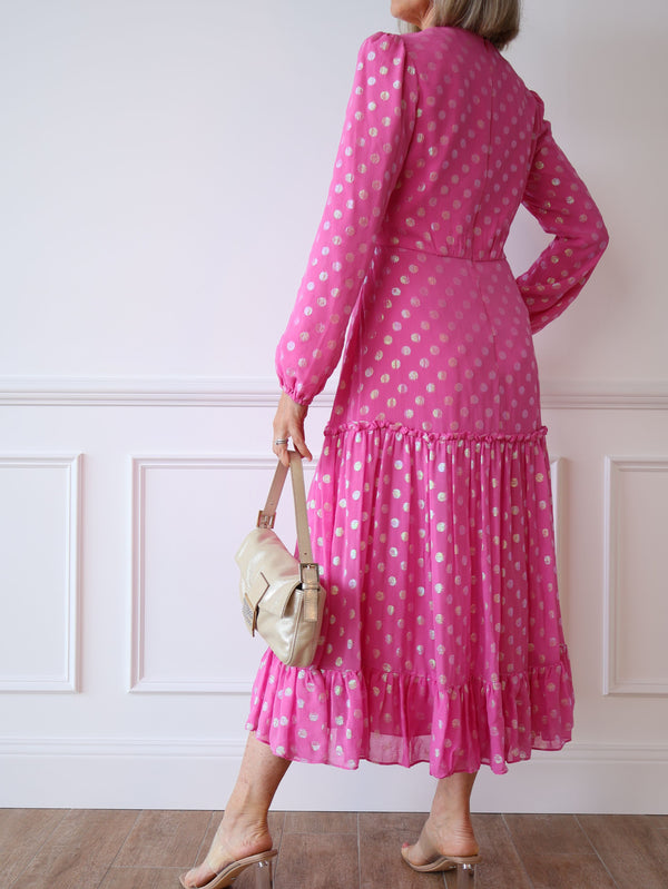 Saloni Devon Chiffon Silk Polkadot Midi Dress
