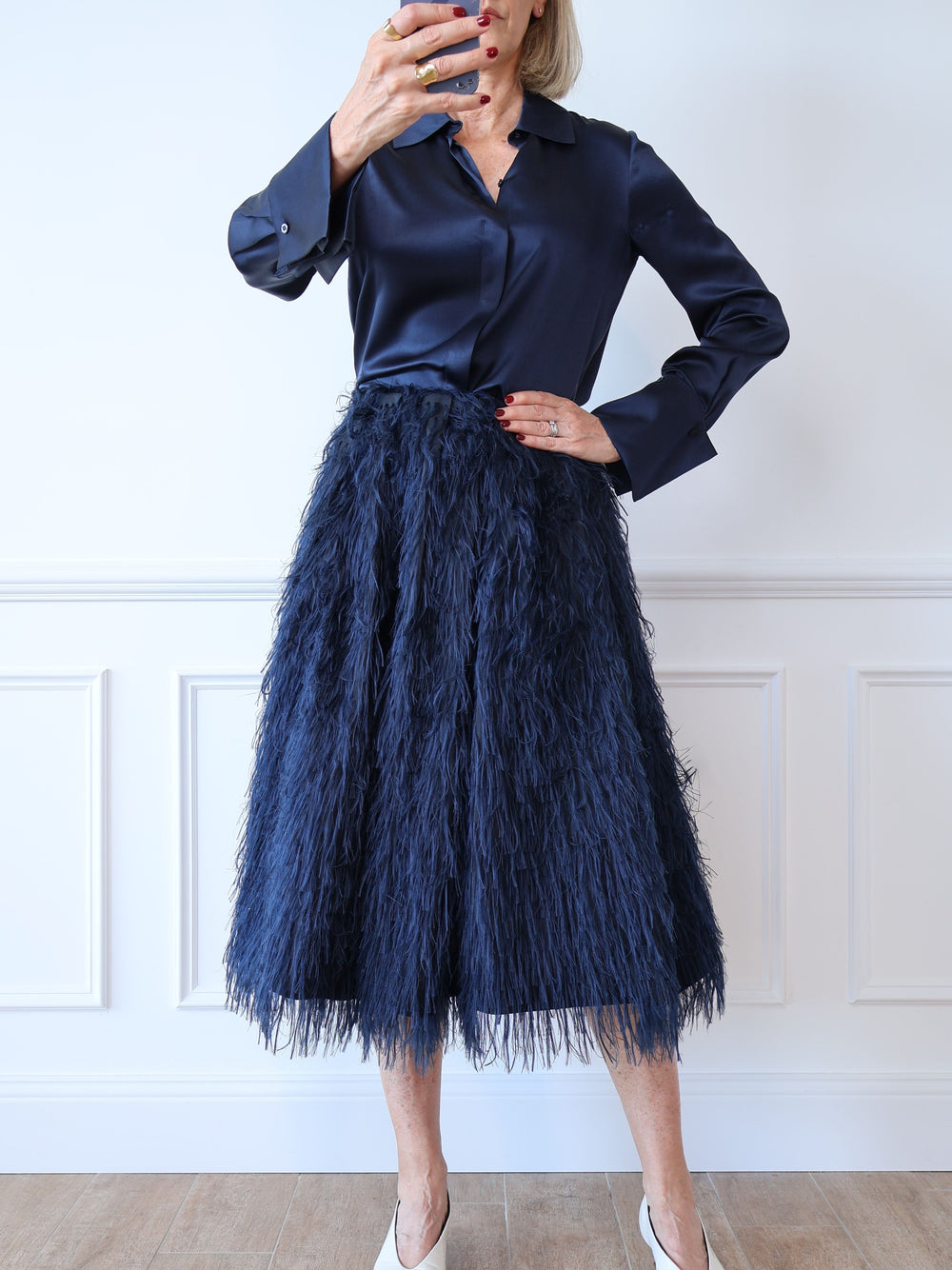 midnight navy blue feathered midi skirt scanlan theodore preloved second hand