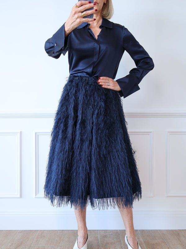midnight navy blue feathered midi skirt scanlan theodore preloved second hand