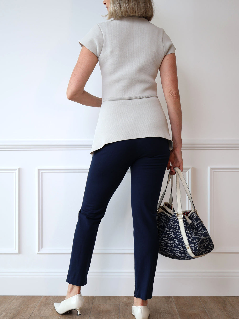 Scanlan Theodore Crepe Knit Peplum Top in Marble Grey