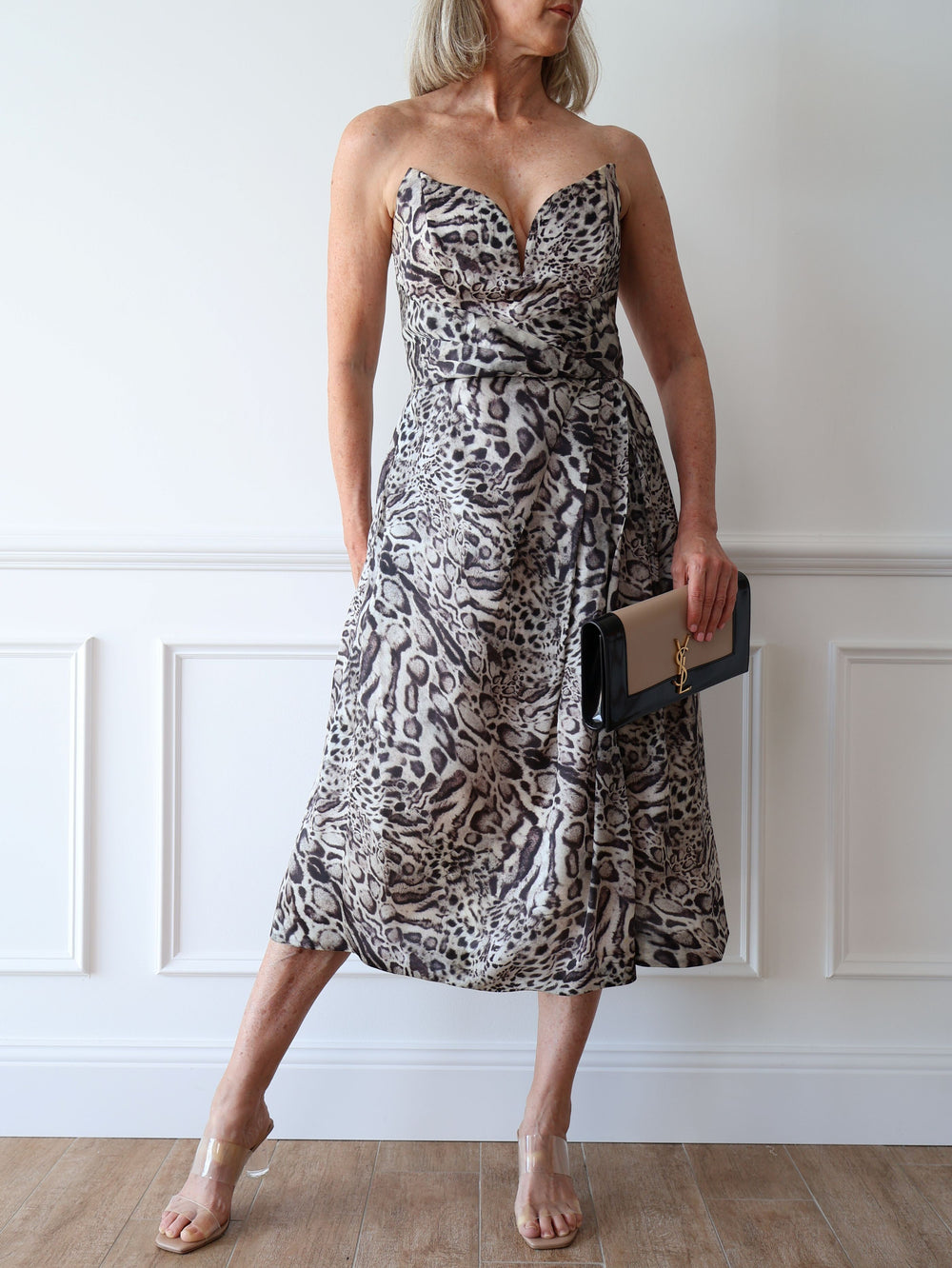 Zimmermann strapless silk dress animal print black white sweetheart neckline peaks preloved second hand
