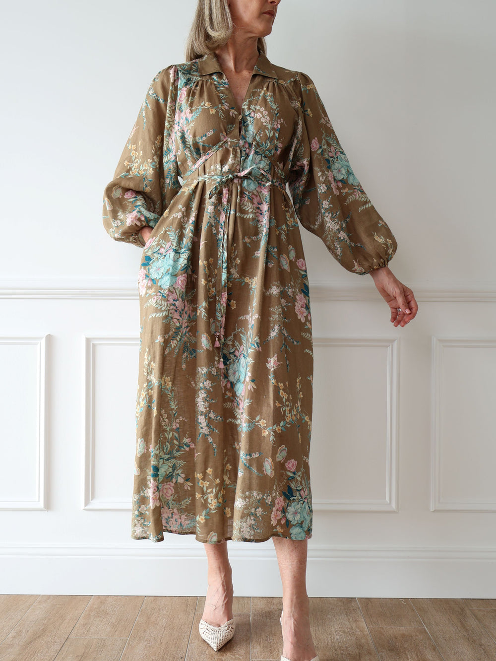 Zimmermann Cassia Wrap Tie Linen Midi Dress