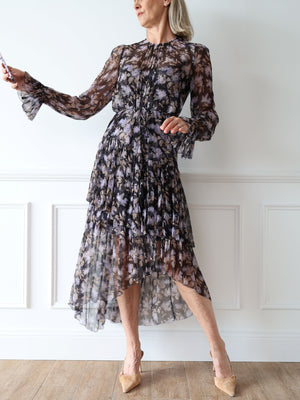 Zimmermann Silk Stranded Tier Dress Black Lavender