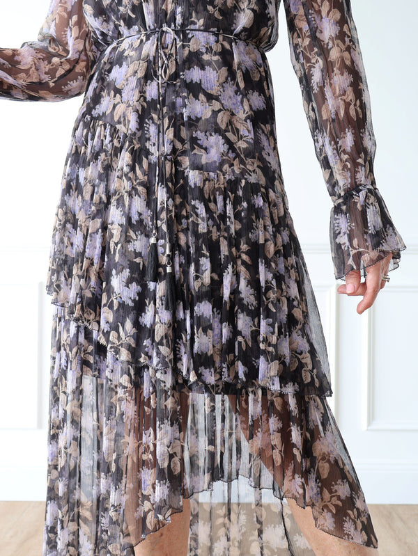 Zimmermann Silk Stranded Tier Dress Black Lavender