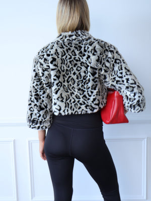 St Lenny Leopard Print Faux Fur Cropped Jacket